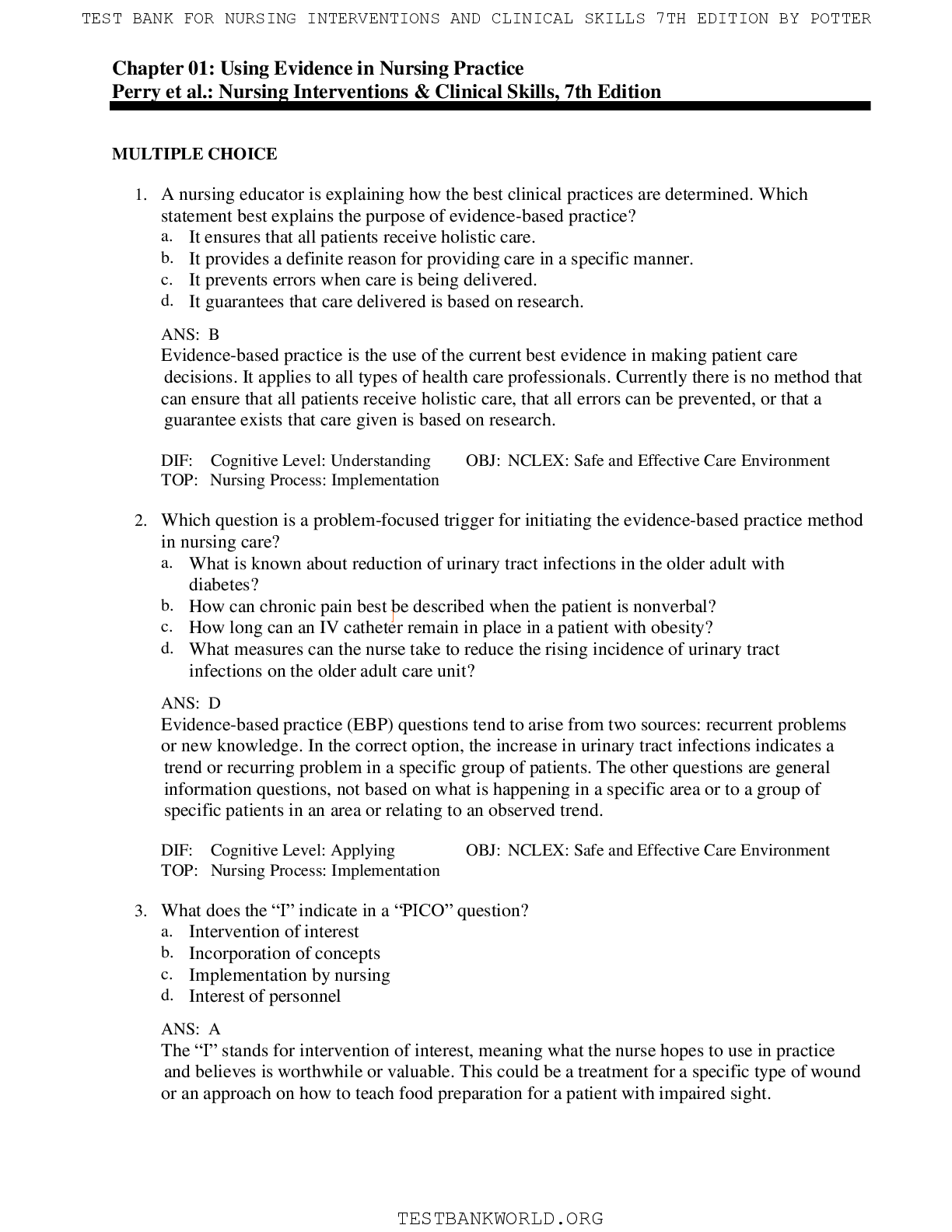 Preview image for TEST BANK FOR NURSING INTERVENTIONS & CLINICAL SKILLS, 7TH EDITION BY POTTER/FULL SOLUTION